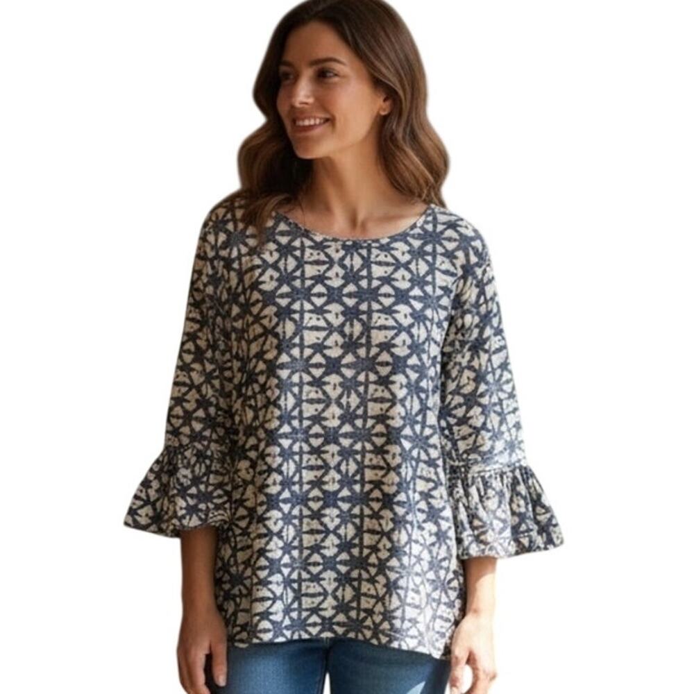 John Mark Linen Tunic Womens Medium Gray & Cream Abstract Lagenlook Top